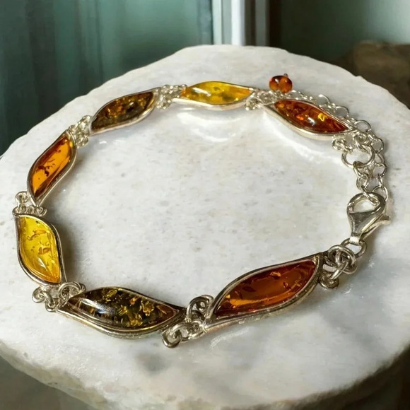 Tricolor Baltic Amber Sterling Silver Bracelet - Picture 1 of 7